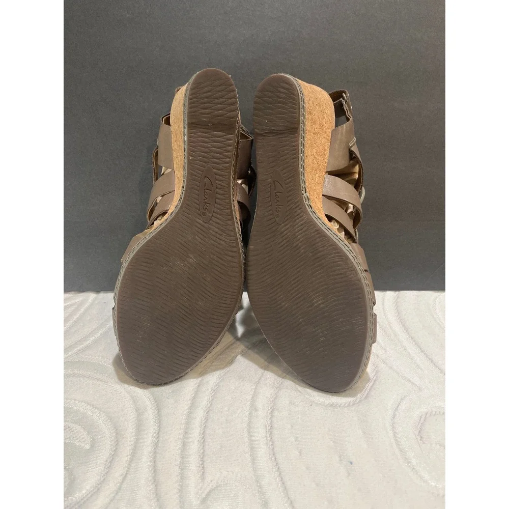 Clarks Collection Taupe Leather Lace Up Cork Wedge Sandals Womens 9 Cushion Soft